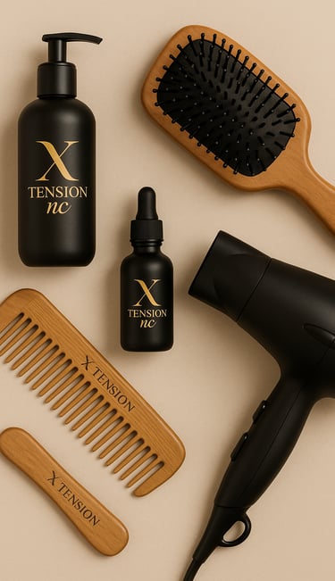 Disposition soignée de produits capillaires professionnels signés X Tension NC, incluant brosses, pe