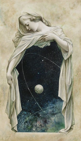 Personnage féminin dévoilant la Lune dans le ciel