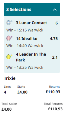  13:35 Warwick 2m4f Nov Hcap Chs • 9 Runners • Good Soft Leader In The Park 2.1 Win  14:40 Warwick 2