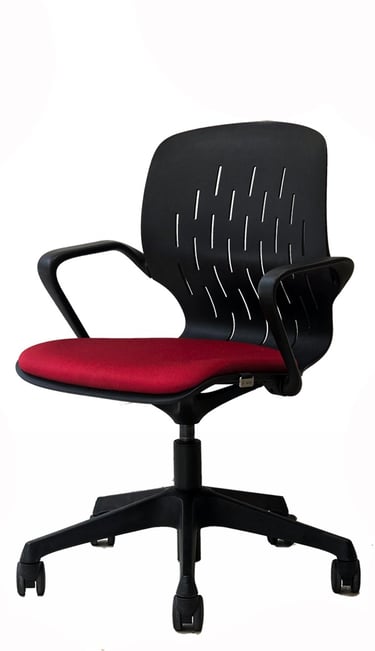 Conference swivel chair, uphlstered seat, flexible plastic back.