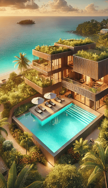 Vue aérienne d'un complexe hôtelier haut de gamme niché dans un jardin tropical luxuriant avec piscine, construit en bois dur