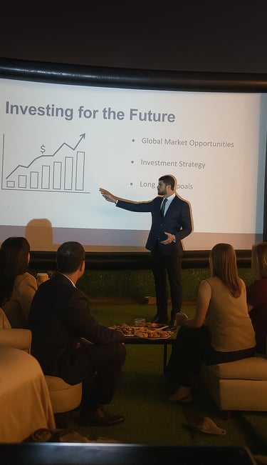 a man in a suit and tie is giving a presentation