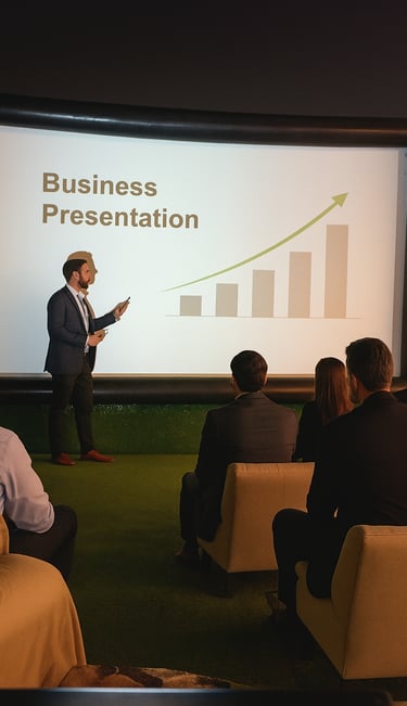a man in a suit and hat standing in front of a presentation