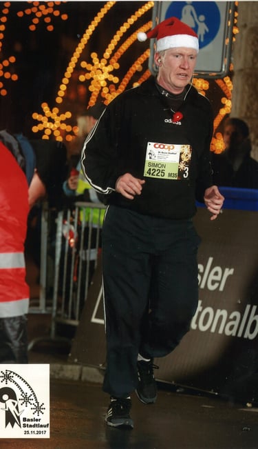 Runner taking part in Basel city Christmas run or Stadtlauf