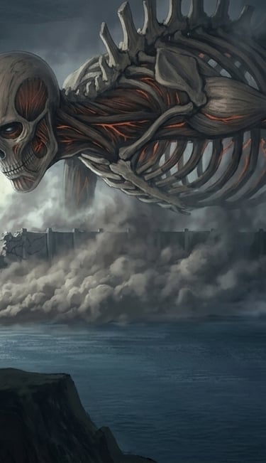 Titã Fundador acima dos Titas Colossais, durante o Rumbling, com elementos abstratos representando a