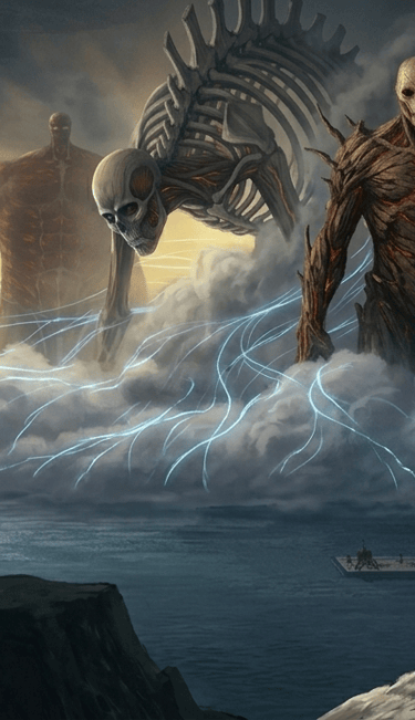 Mikasa Ackerman e Armin Arlert observando o avanço dos Titãs, com expressão de conflito e tristeza.