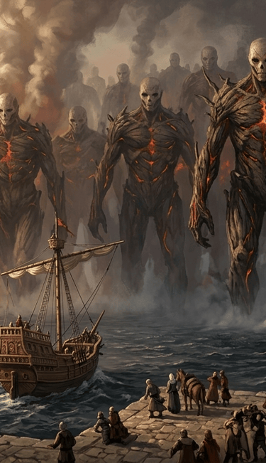 Exército de Titãs Colossais marchando em massa, emitindo vapor e destruindo cidades