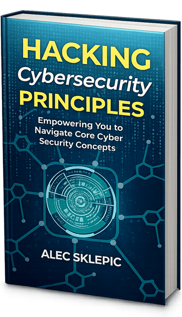 Hacking Cybersecurity Principles book cover by Alec Sklepic featuring a digital blue tech theme.