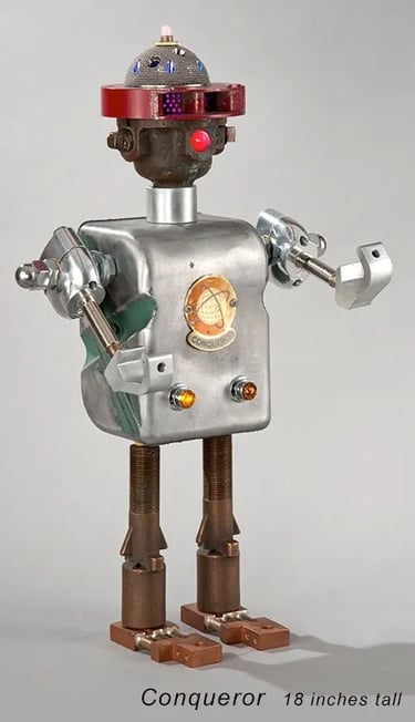 Assemblage robot sculpture named Conqueror by Santa Barbara artist Tal Avitzur.