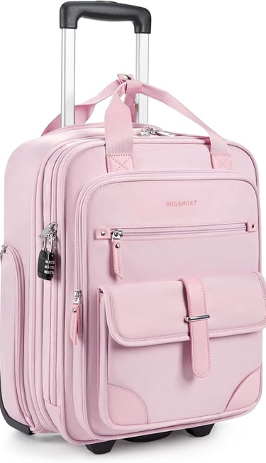 a pink suitcase with a suitcase on wheels