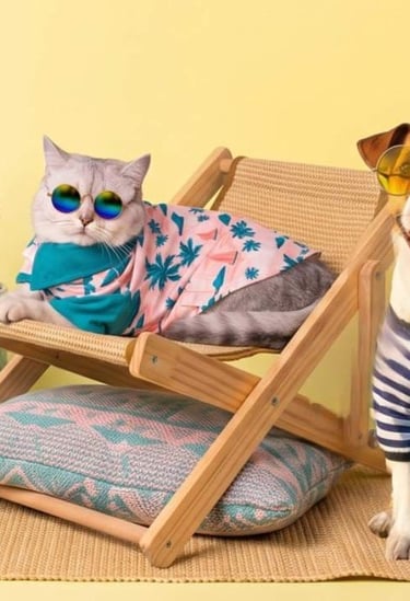 Un elegante gato y un perro con gafas de sol y ropa de verano descansan en sillas de playa cerca de 