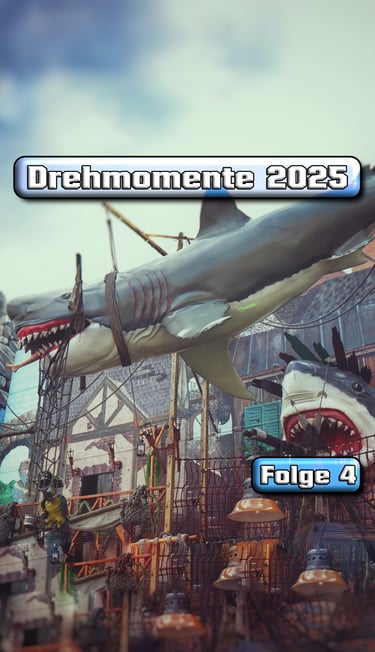 Large hanging shark prop at a movie studio set with Drehmomente 2025 text overlay.