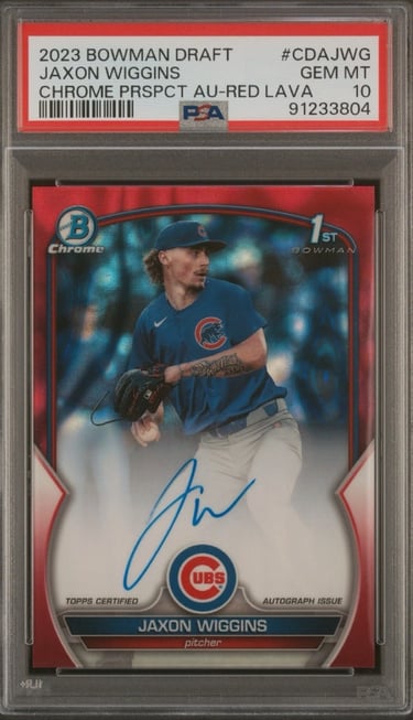 "Jaxon Wiggins rookie autograph card numbered 1 of 5, featuring on-card signature and limited editio