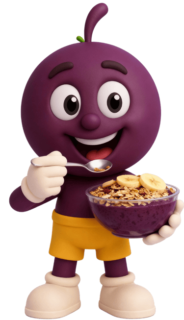 Mascote Açaí Mais Brasil comendo Açaí