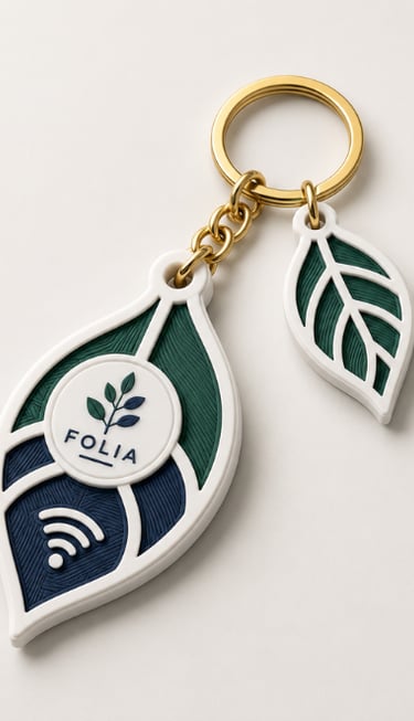 Folia branded leaf-shaped smart keychain with gold ring and NFC technology icon.