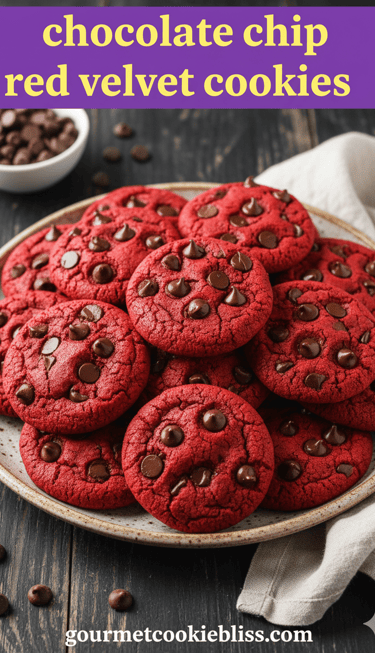An overhead shot of a platter overflowing with vibrant red velvet chocolate chip cookies,.
