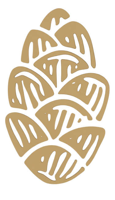 A gold stylized pinecone illustration with abstract geometric patterns on a solid black background.