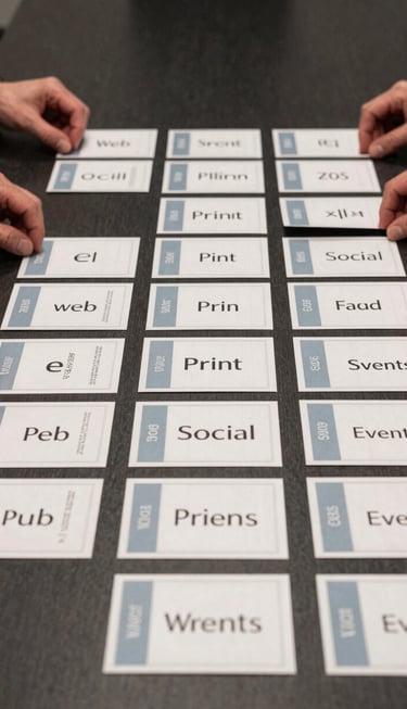 Close-up of hands arranging printed channel overview cards on a dark conference table, each card labeled with a different medium — web, print, social, events — laid out in a systematic grid pattern, cool overhead studio light, documentary and precise