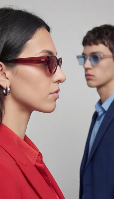 Models wearing stylish red and blue tinted sunglasses and designer blazers in a fashion shoot.