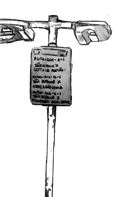 Ilustração de um poste de iluminação pública com duas lâmpadas quebradas e há uma placa informativa.