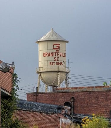 a water tower with a large white water tank in the background