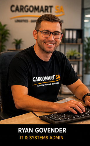 Portrait of Ryan Govender, IT and Systems Admin at Cargomart SA, working at a computer desk.