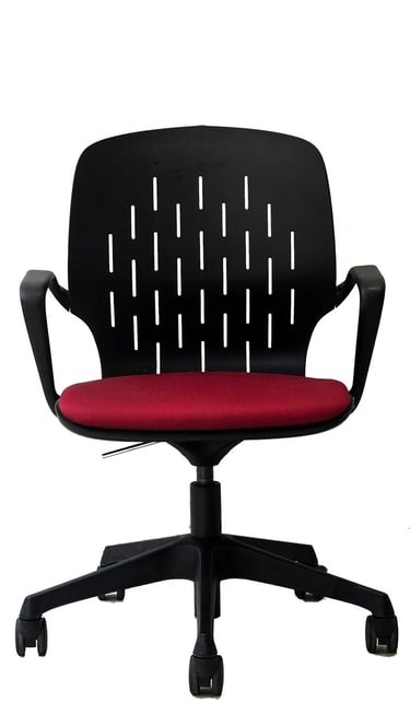 Conference swivel chair, uphlstered seat, flexible plastic back.