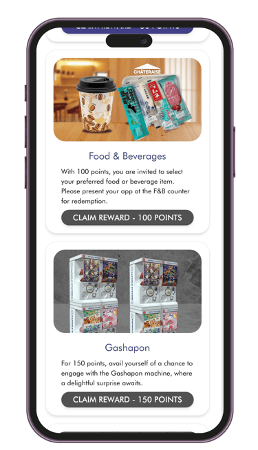 Digital reward redemption screen displaying voucher options for event winners
