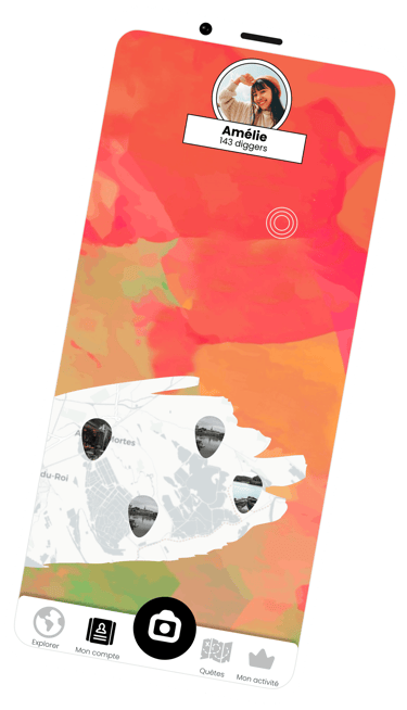 Capture d'écran de l'application Diggers montrant la carte d'un utilisateur avec des vignettes photos publiées