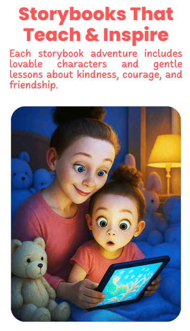 a mother reading a storybook for her kid from a tablet