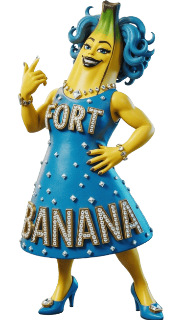 a woman in a blue dress with a banana banana