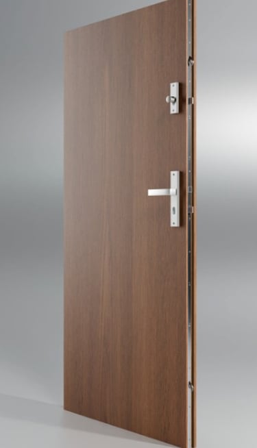 a door with a wooden door and a door handle