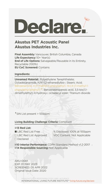 declare label for AKUSTUS PET acoustic panel