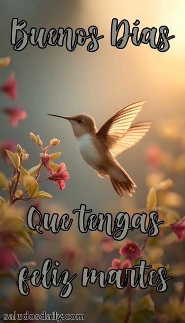 Colibrí flotando casi inmóvil entre flores al amanecer, con luz suave de la mañana y una sensación l