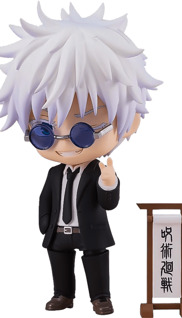 Satoru Gojo Nendoroid figure in a black suit and sunglasses from Jujutsu Kaisen.