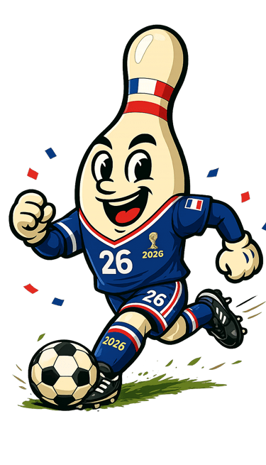 A cartoon bowling pin mascot wearing a France 2026 soccer jersey and kicking a football.