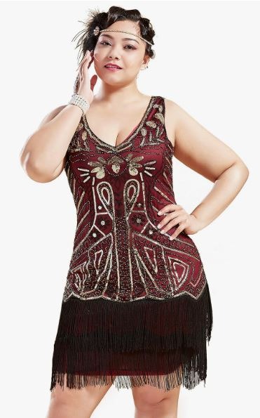 BABEYOND Women's Plus Size Flapper Dresses 1920s V Neck Beaded Fringed Great Gatsby Dress