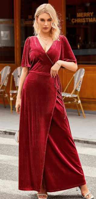 MEROKEETY Women's V Neck Wrap Velvet Maxi Dress Bell Sleeve Split Bridesmaid Cocktail Party Dress