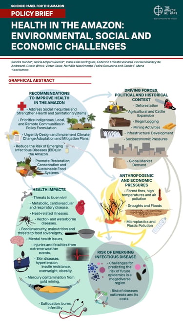 Infographic showing health challenges in the Amazon, including environmental driving forces and health impacts.