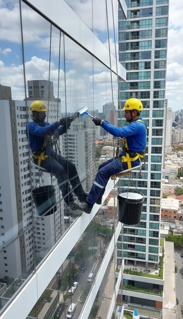 Professional window cleaner in safety gear washing skyscraper glass with a squeegee.