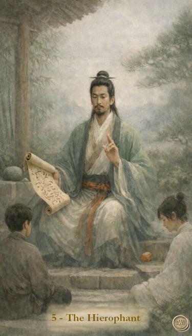 The Hierophant tarot card featuring an Asian sage teaching students with a scroll in a misty garden.
