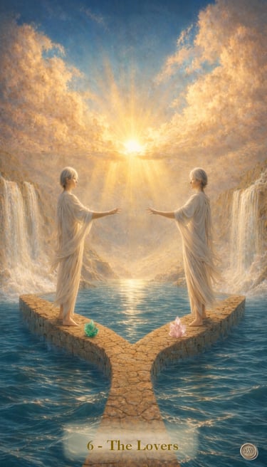 The Lovers tarot card featuring two figures reaching out over water with waterfalls and a golden sun.