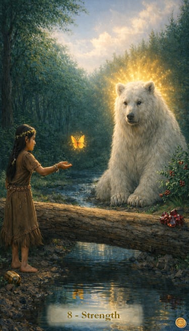 Strength Tarot card depicting a young girl and a glowing white Spirit bear by a forest stream.