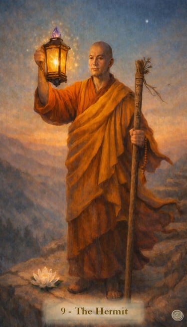 The Hermit Tarot card - Buddhist monk holding a glowing lantern and staff on a mountain.