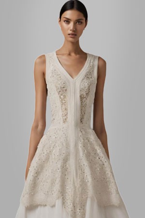 a woman in a white dress is made by embroidered, sequined, and beaded lace fabric