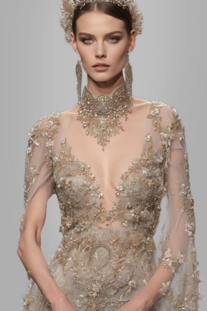 a model in a gown made by Embroidered and Beaded Lace Fabrics