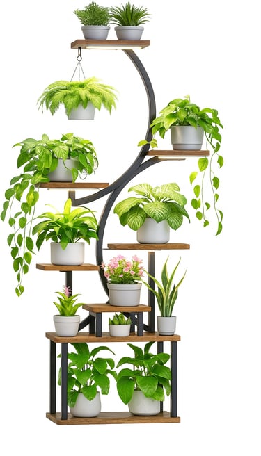 plant stand with grow lights holding multiple small plants