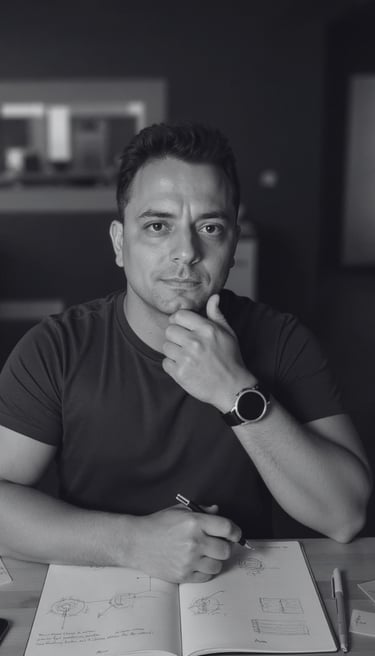 Alan Ochotorena, mentor e escritor, sentado à mesa com caderno e caneta, planejando conteúdos.