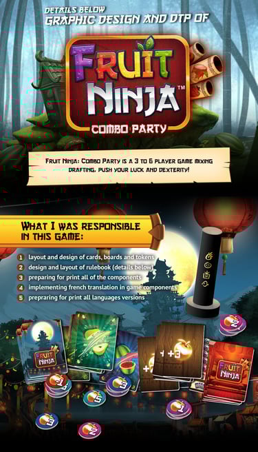 DTP and graphic design for Fruit Ninja combo party board game
