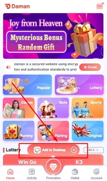 Daman Games app interface showing casino, lottery, and slots options with an Add to Desktop shortcut button.